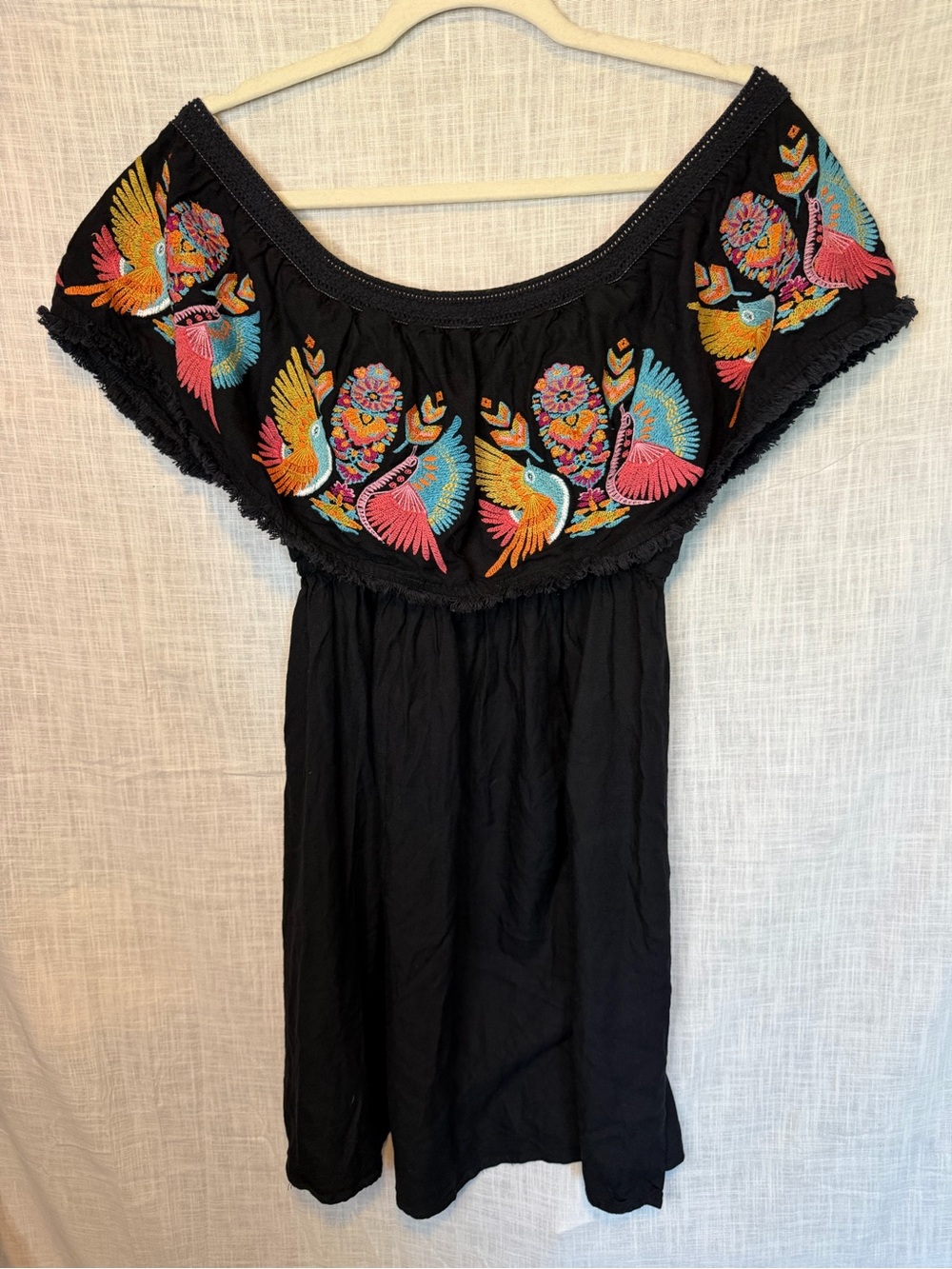 Judith March Black Bird Embroidered Off-Shoulder Boho Mini Dress Festival M